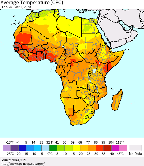 Africa Average Temperature (CPC) Thematic Map For 2/24/2020 - 3/1/2020