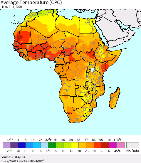 Africa Average Temperature (CPC) Thematic Map For 3/2/2020 - 3/8/2020