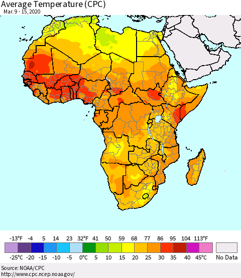 Africa Average Temperature (CPC) Thematic Map For 3/9/2020 - 3/15/2020