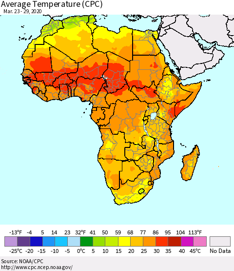 Africa Average Temperature (CPC) Thematic Map For 3/23/2020 - 3/29/2020
