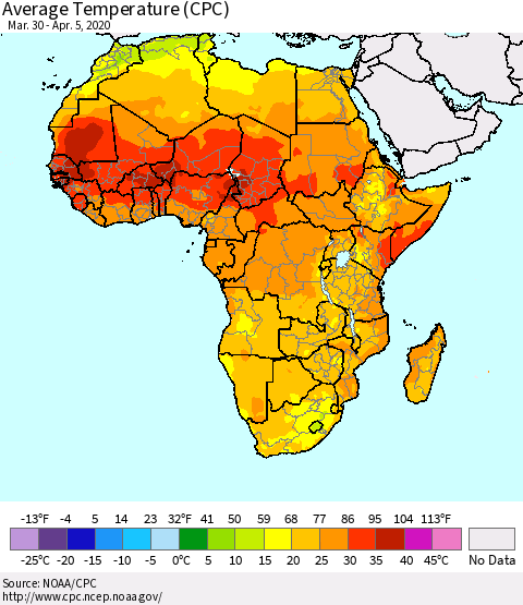 Africa Average Temperature (CPC) Thematic Map For 3/30/2020 - 4/5/2020