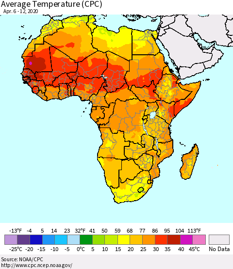 Africa Average Temperature (CPC) Thematic Map For 4/6/2020 - 4/12/2020