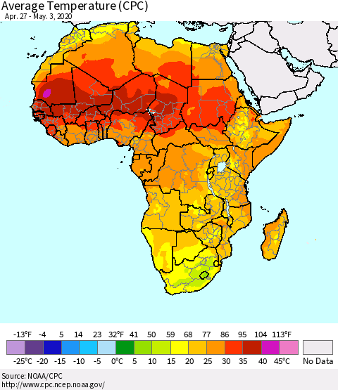 Africa Average Temperature (CPC) Thematic Map For 4/27/2020 - 5/3/2020