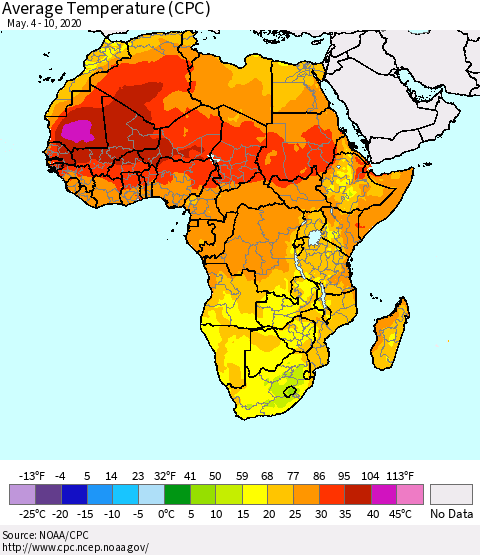 Africa Average Temperature (CPC) Thematic Map For 5/4/2020 - 5/10/2020