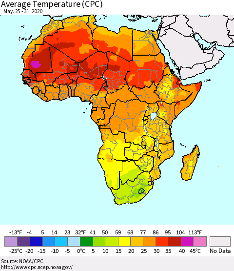 Africa Average Temperature (CPC) Thematic Map For 5/25/2020 - 5/31/2020