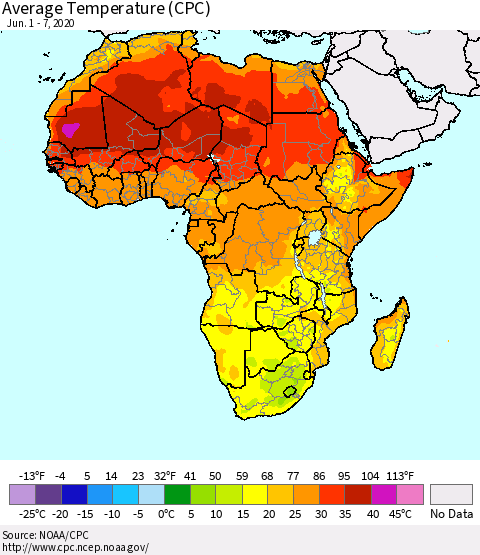 Africa Average Temperature (CPC) Thematic Map For 6/1/2020 - 6/7/2020