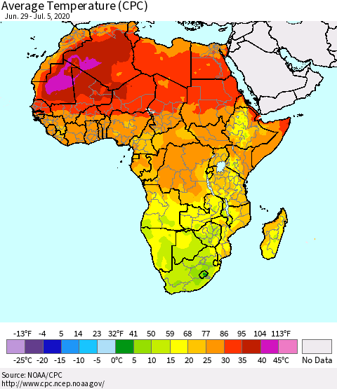 Africa Average Temperature (CPC) Thematic Map For 6/29/2020 - 7/5/2020