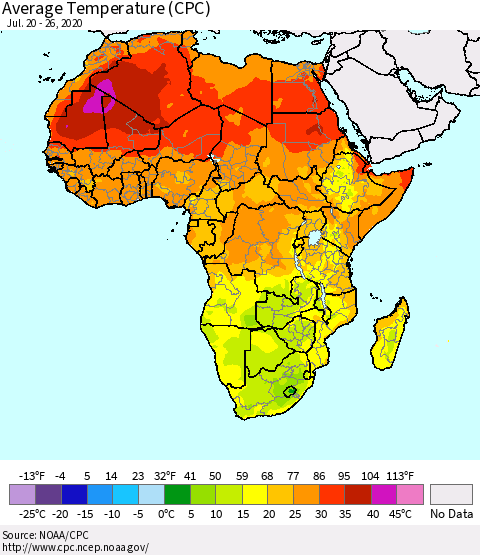 Africa Average Temperature (CPC) Thematic Map For 7/20/2020 - 7/26/2020