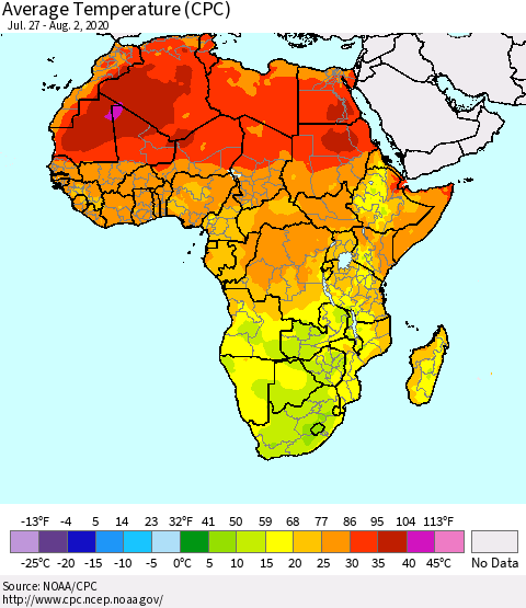 Africa Average Temperature (CPC) Thematic Map For 7/27/2020 - 8/2/2020