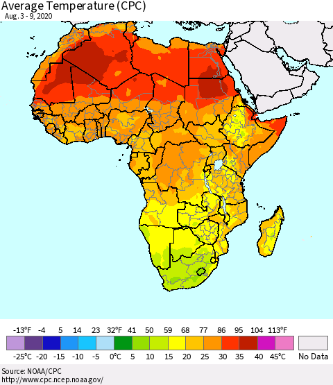 Africa Average Temperature (CPC) Thematic Map For 8/3/2020 - 8/9/2020