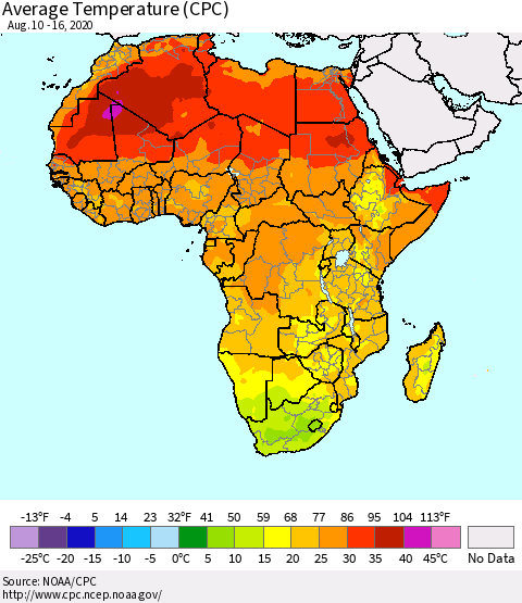 Africa Average Temperature (CPC) Thematic Map For 8/10/2020 - 8/16/2020