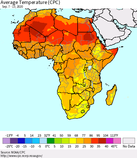 Africa Average Temperature (CPC) Thematic Map For 9/7/2020 - 9/13/2020