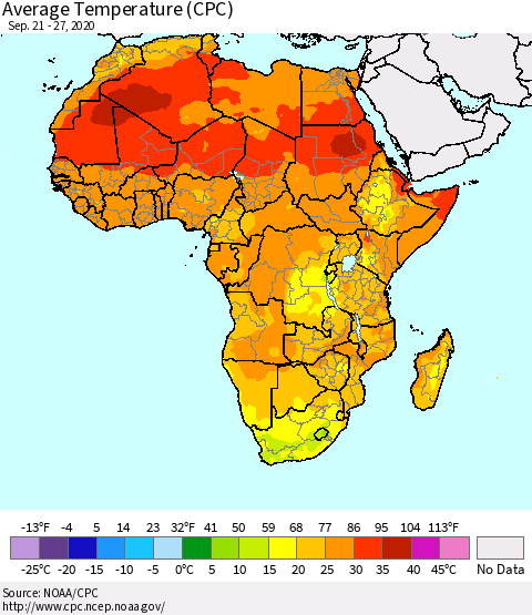 Africa Average Temperature (CPC) Thematic Map For 9/21/2020 - 9/27/2020