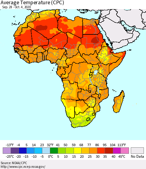 Africa Average Temperature (CPC) Thematic Map For 9/28/2020 - 10/4/2020