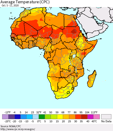 Africa Average Temperature (CPC) Thematic Map For 10/5/2020 - 10/11/2020
