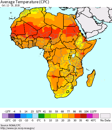 Africa Average Temperature (CPC) Thematic Map For 10/12/2020 - 10/18/2020
