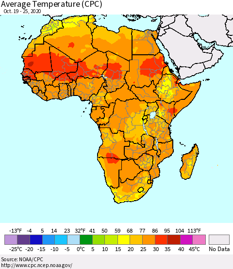 Africa Average Temperature (CPC) Thematic Map For 10/19/2020 - 10/25/2020