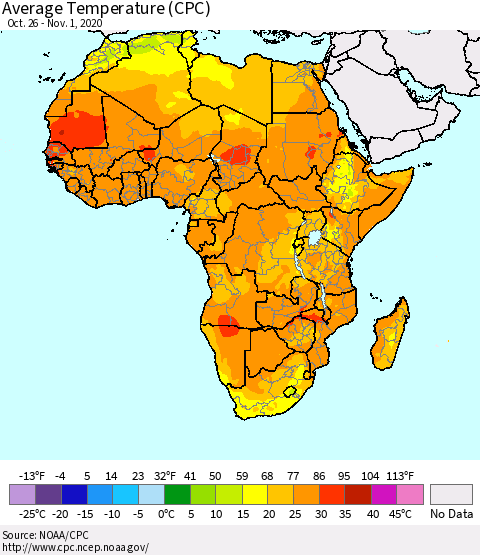 Africa Average Temperature (CPC) Thematic Map For 10/26/2020 - 11/1/2020