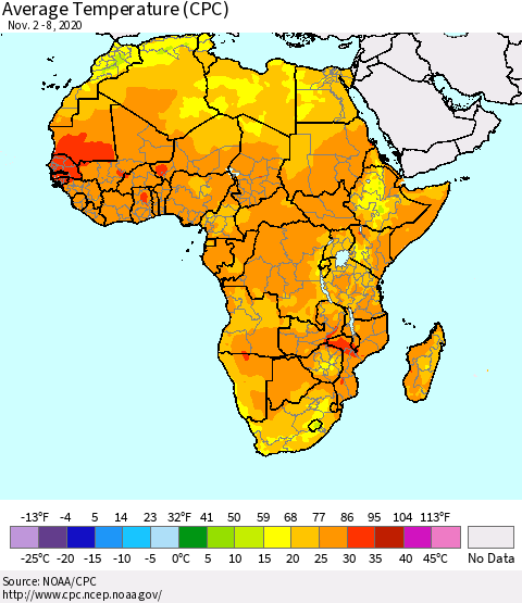 Africa Average Temperature (CPC) Thematic Map For 11/2/2020 - 11/8/2020