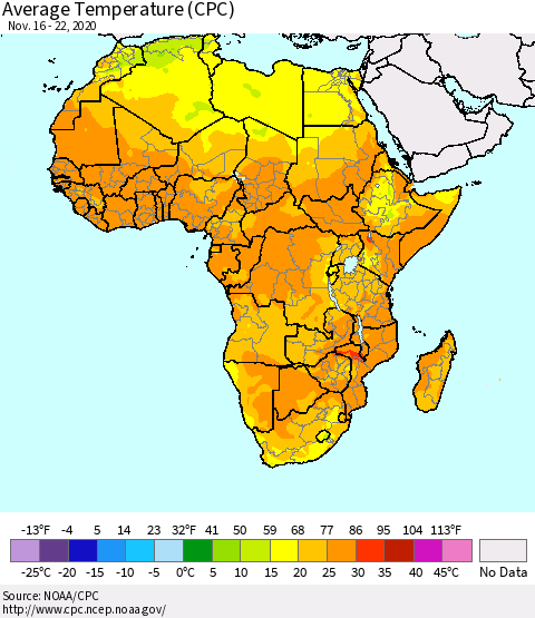 Africa Average Temperature (CPC) Thematic Map For 11/16/2020 - 11/22/2020