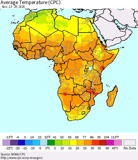 Africa Average Temperature (CPC) Thematic Map For 11/23/2020 - 11/29/2020