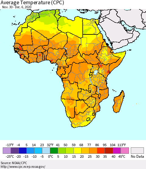 Africa Average Temperature (CPC) Thematic Map For 11/30/2020 - 12/6/2020