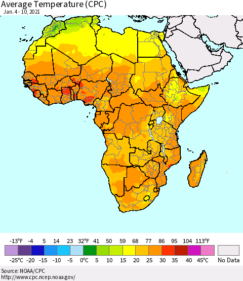 Africa Average Temperature (CPC) Thematic Map For 1/4/2021 - 1/10/2021