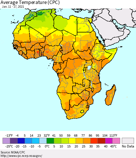 Africa Average Temperature (CPC) Thematic Map For 1/11/2021 - 1/17/2021