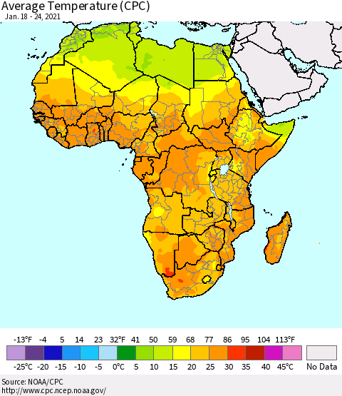 Africa Average Temperature (CPC) Thematic Map For 1/18/2021 - 1/24/2021