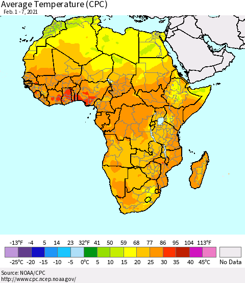 Africa Average Temperature (CPC) Thematic Map For 2/1/2021 - 2/7/2021