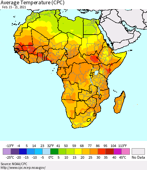 Africa Average Temperature (CPC) Thematic Map For 2/15/2021 - 2/21/2021