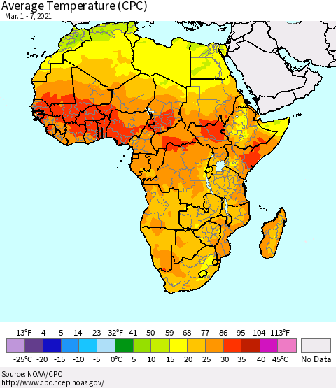 Africa Average Temperature (CPC) Thematic Map For 3/1/2021 - 3/7/2021