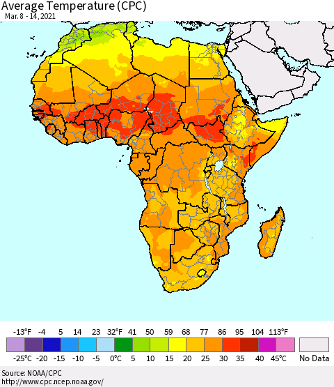 Africa Average Temperature (CPC) Thematic Map For 3/8/2021 - 3/14/2021