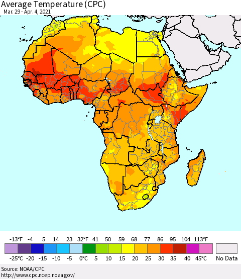 Africa Average Temperature (CPC) Thematic Map For 3/29/2021 - 4/4/2021