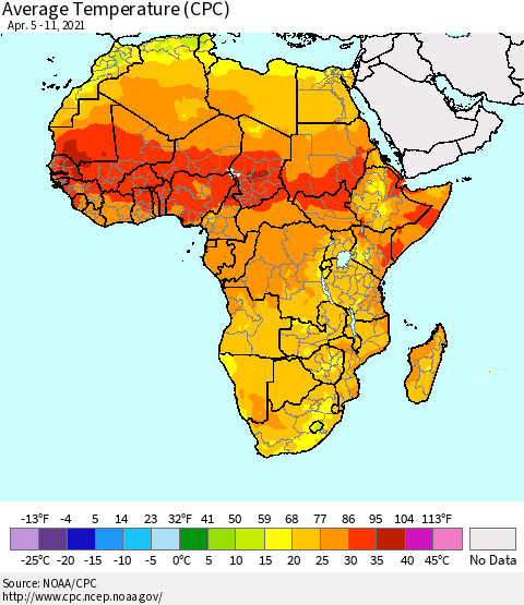 Africa Average Temperature (CPC) Thematic Map For 4/5/2021 - 4/11/2021