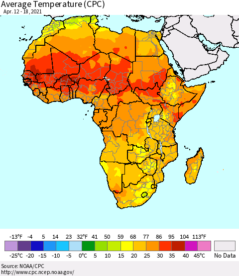 Africa Average Temperature (CPC) Thematic Map For 4/12/2021 - 4/18/2021