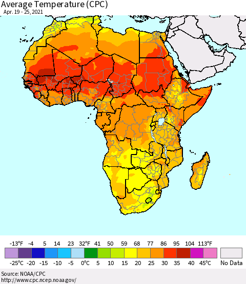 Africa Average Temperature (CPC) Thematic Map For 4/19/2021 - 4/25/2021