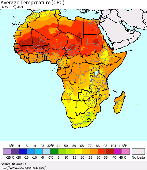 Africa Average Temperature (CPC) Thematic Map For 5/3/2021 - 5/9/2021
