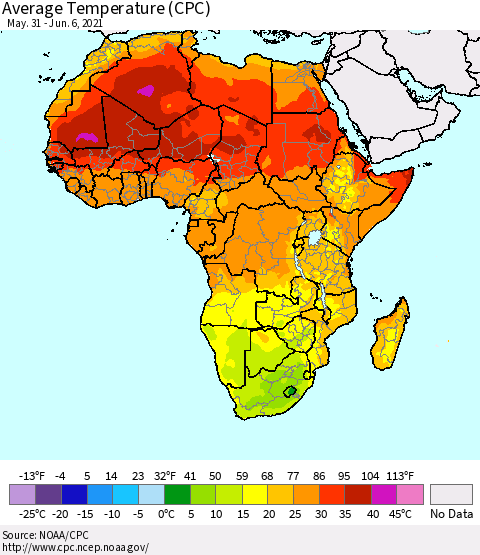 Africa Average Temperature (CPC) Thematic Map For 5/31/2021 - 6/6/2021