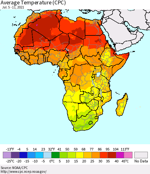 Africa Average Temperature (CPC) Thematic Map For 7/5/2021 - 7/11/2021
