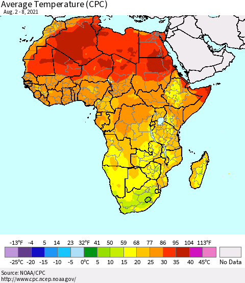 Africa Average Temperature (CPC) Thematic Map For 8/2/2021 - 8/8/2021