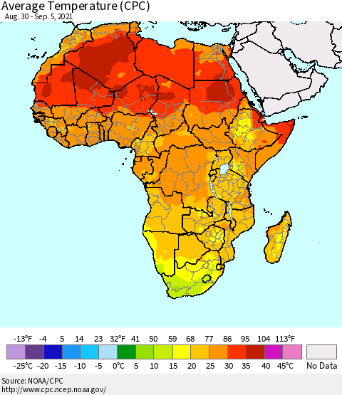 Africa Average Temperature (CPC) Thematic Map For 8/30/2021 - 9/5/2021