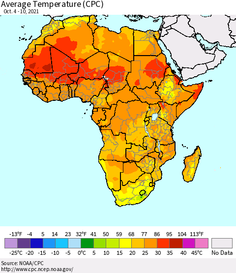 Africa Average Temperature (CPC) Thematic Map For 10/4/2021 - 10/10/2021