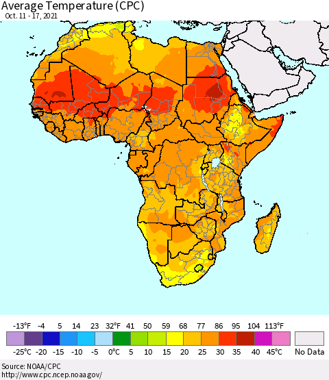 Africa Average Temperature (CPC) Thematic Map For 10/11/2021 - 10/17/2021