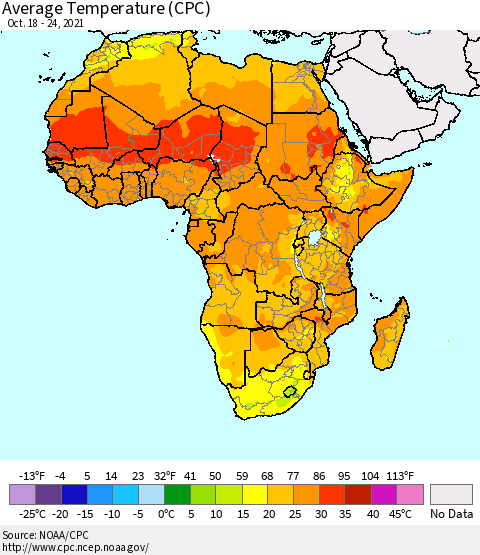 Africa Average Temperature (CPC) Thematic Map For 10/18/2021 - 10/24/2021
