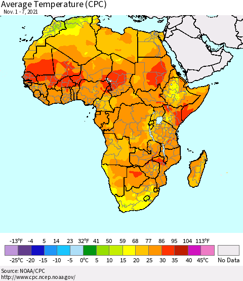 Africa Average Temperature (CPC) Thematic Map For 11/1/2021 - 11/7/2021