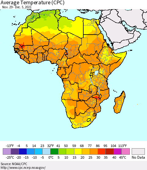 Africa Average Temperature (CPC) Thematic Map For 11/29/2021 - 12/5/2021