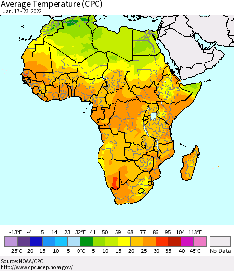 Africa Average Temperature (CPC) Thematic Map For 1/17/2022 - 1/23/2022