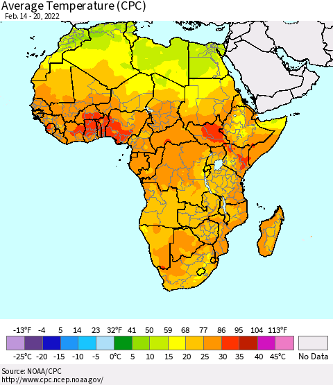 Africa Average Temperature (CPC) Thematic Map For 2/14/2022 - 2/20/2022