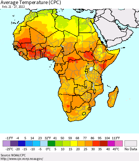 Africa Average Temperature (CPC) Thematic Map For 2/21/2022 - 2/27/2022